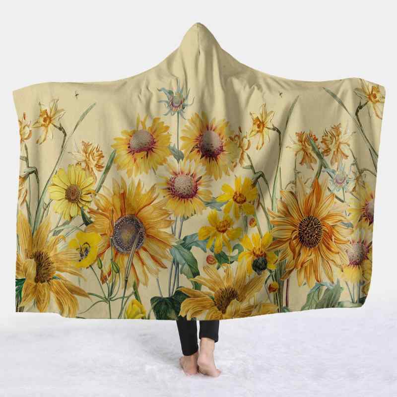 ブランケット キッズ 子供 フード付き ポンチョ 着る毛布 ひまわり柄 総柄 フランネル お昼寝 秋冬 防..