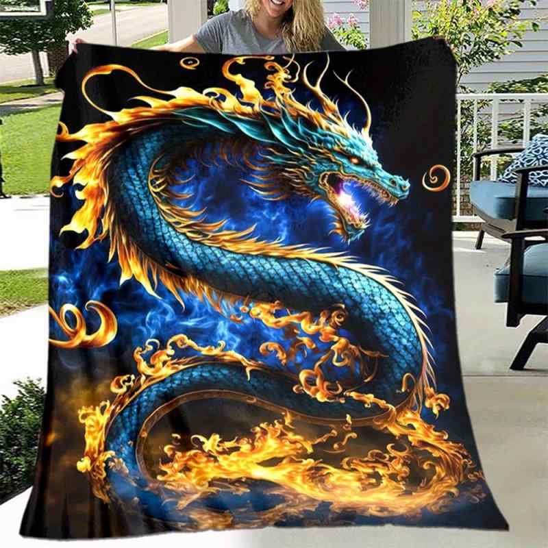 ブランケット ブルードラゴン柄 柔らか フランネル ポリエステル ふわふわ ギフト プレゼント お昼寝 仮眠用 リビング ソファ インテリア装飾 ブルー 春夏秋冬