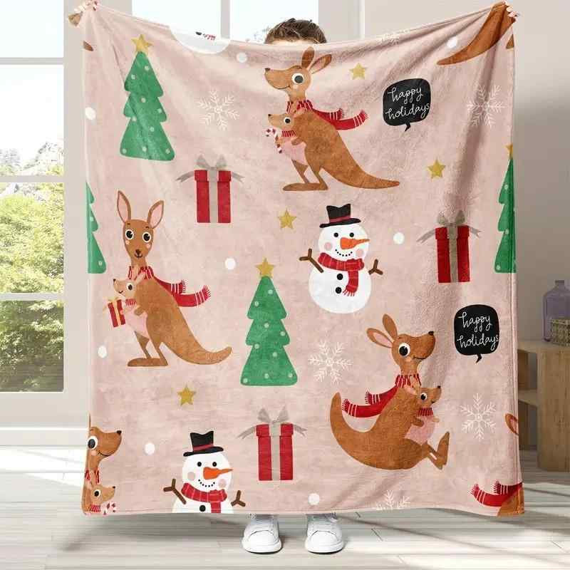 ブランケット クリスマス かわいい カンガルー柄 プリント 暖か 快適 柔らか 肌触り良い フランネル ポリエステル ソファカバー ベッドカバー インテリア ひざ掛け