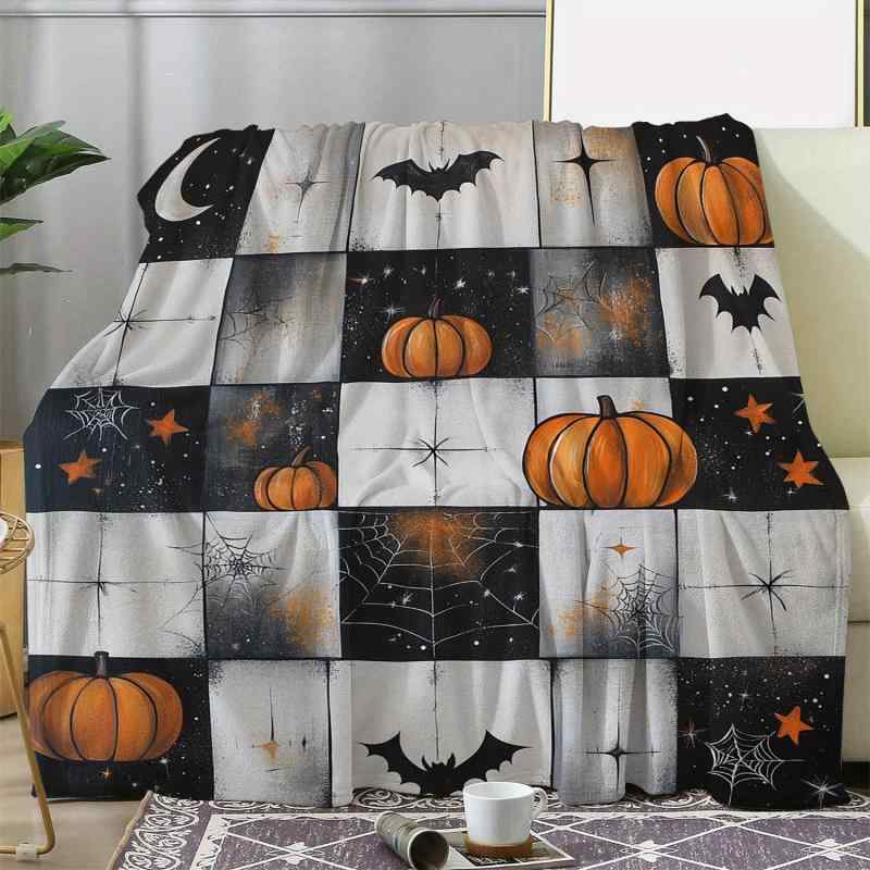 ブランケット ハロウィン レトロ パンプキン クモの巣 コウモリ チェッカーボード柄 ポリエステル フランネル ソフト 暖かい 快適 肌触り良い オールシーズン対応 ひざ掛け 肩掛け ソファカバー