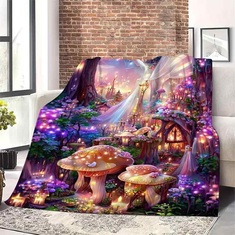 ブランケット きのこ城 森の夜景 高画質 デジタルプリント ポリエステル 冷房対策 ソファカバー ベッド..