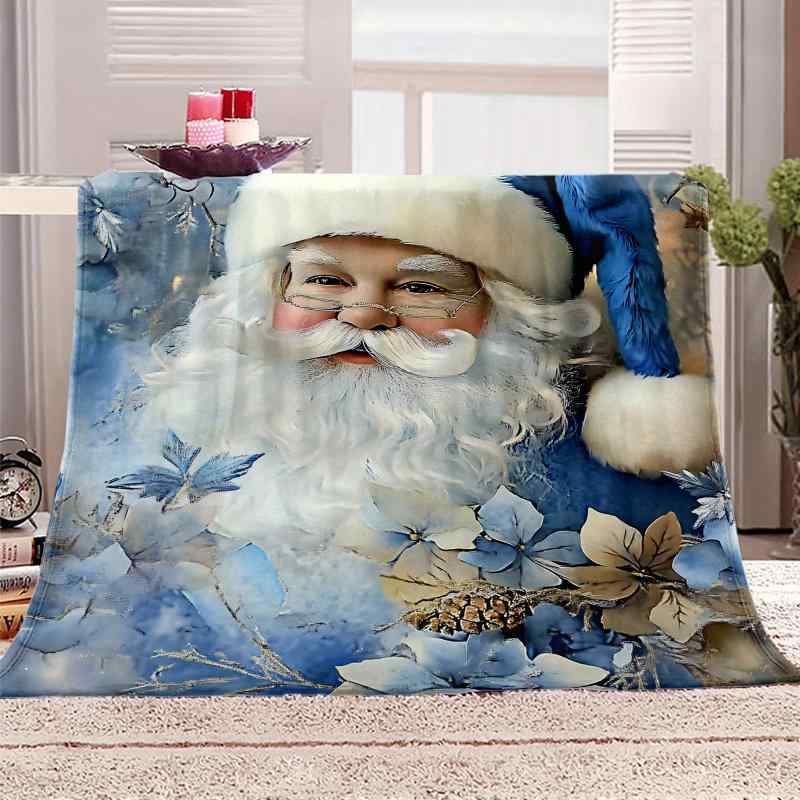 ブランケット 毛布 ボヘミアン風 サンタクロース柄 クリスマス ブルー フランネル ポリエステル ソファ ベッド 装飾 飾り リビング 寝室
