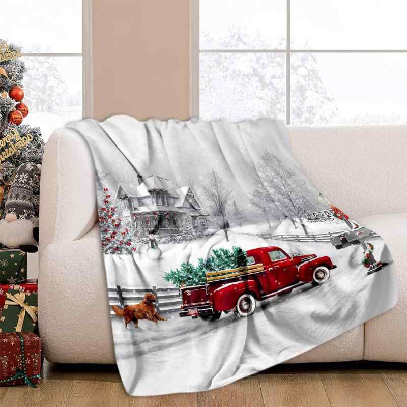 Bedding - ブランケット クリスマス ホリデー柄 雪 赤いトラックデザイン フランネル ひざ掛け 毛布 ポリエステル製 ベッド ソファ リビング 寝室 通年使用 あったか ふわふわ 軽量 モダン