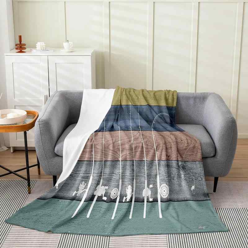 ブランケット 毛布 メンズ 釣り 魚 釣り糸 プリント柄 フランネル ポリエステル製 カントリー調 木目デ..