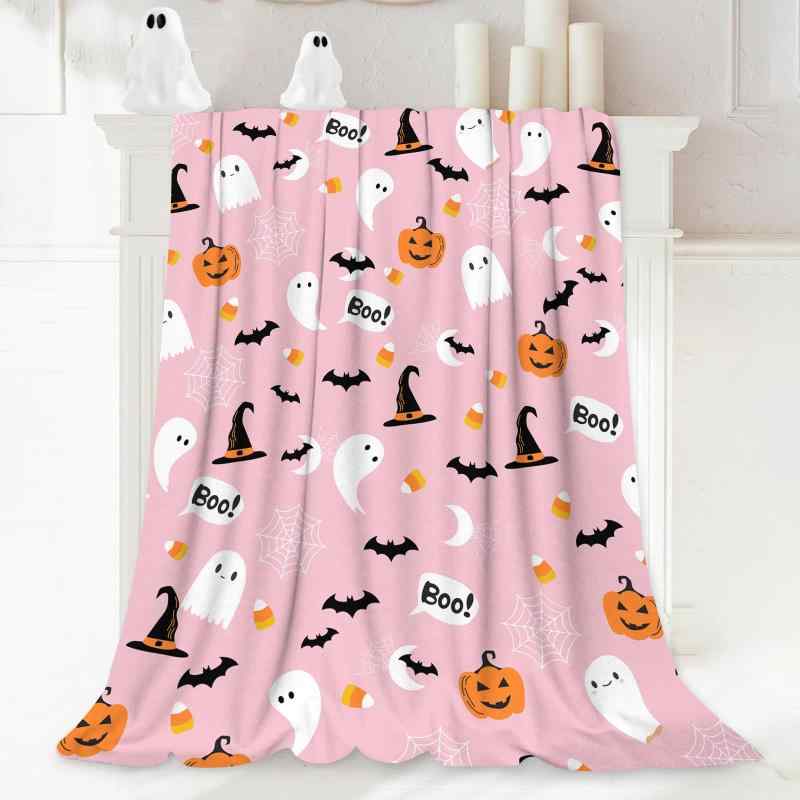 ブランケット ハロウィン ゴースト柄 おばけ柄 かわいい パンプキンピンク 軽量 柔らか ふわふわ 快適 ポリエステル フランネル ソファ ベッド リビング 寝室 マルチカバー オールシーズン 毛布