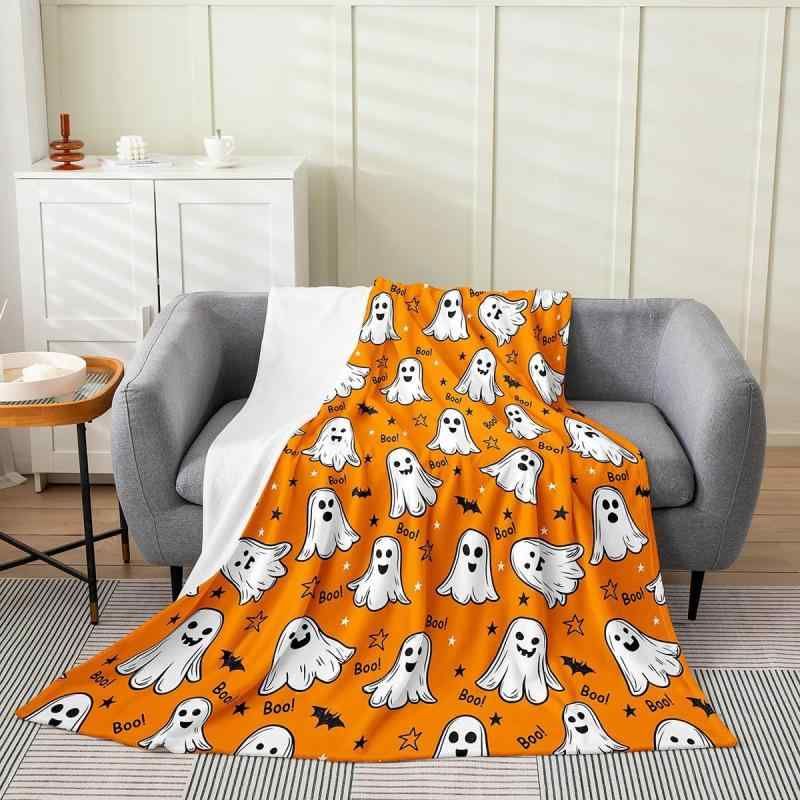 ブランケット ハロウィン ゴースト キャラクター レトロコウモリ柄 オレンジ フランネル あったか ひざ..