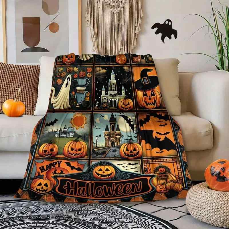 ブランケット フランネル ポリエステル ハロウィン カボチャ ゴースト スカル柄 柔らか 暖かい ふわふわ ソファカバー チェアカバー マルチカバー ひざ掛け リビング 寝具