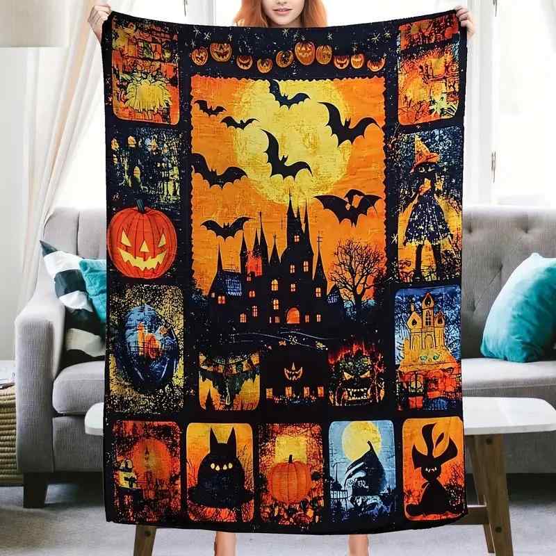 ブランケット ハロウィン かぼちゃ柄 フランネル やわらか肌触り あったか お昼寝 ソファ ベッド キャンプ 旅行 レジャー アウトドア ポリエステル インテリア装飾