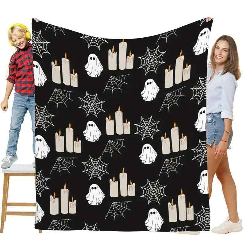 ブランケット ハロウィン かわいい ゴースト クモの巣 キャンドル柄 ポリエステル フランネル 柔らか 暖かい 毛布 ソファ ベッド 寝具 装飾 インテリア オールシーズン