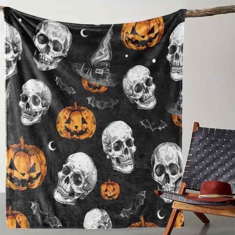 ブランケット ハロウィン スカル ドクロ パンプキン かぼちゃ コウモリ柄 柔らかい ふわふわ 暖かい 保温性 ポリエステル フランネル毛布 ソファ ベッド用 インテリア オールシーズン対応