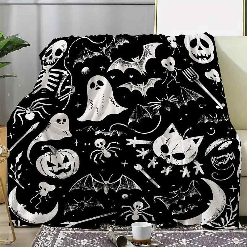 ブランケット 毛布 レトロ ハロウィン フランネル ゴースト 幽霊 スケルトン ガイコツ パンプキン コウモリ プリント柄 ソファ ベッド 装飾 インテリア ポリエステル 通年 オールシーズン