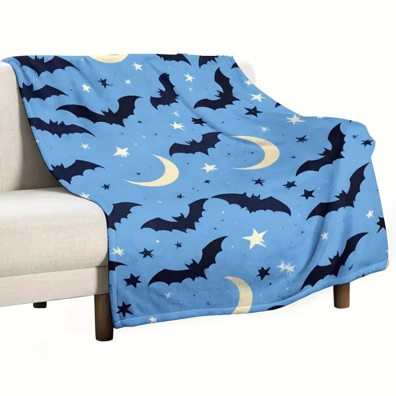 ブランケット ハロウィン コウモリ柄 月柄 フランネル ポリエステル 毛布 ブルー 柔らか ふわふわ なめらか 肌触り 快適 ベッド ソファ 膝掛け カバー リビング 寝室 オールシーズン