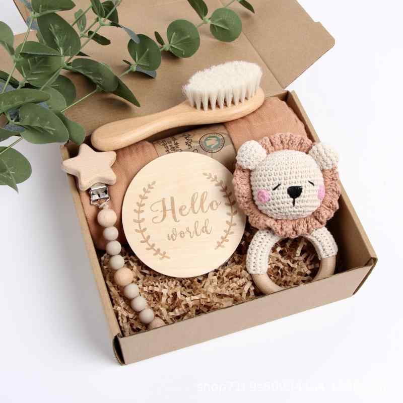 ベビー 新生児 男女兼用 出産祝い オーガニックコットン 木製 かぎ針編み ガラガラ おしゃぶりホルダー ブランケット アニマルデザイン セット