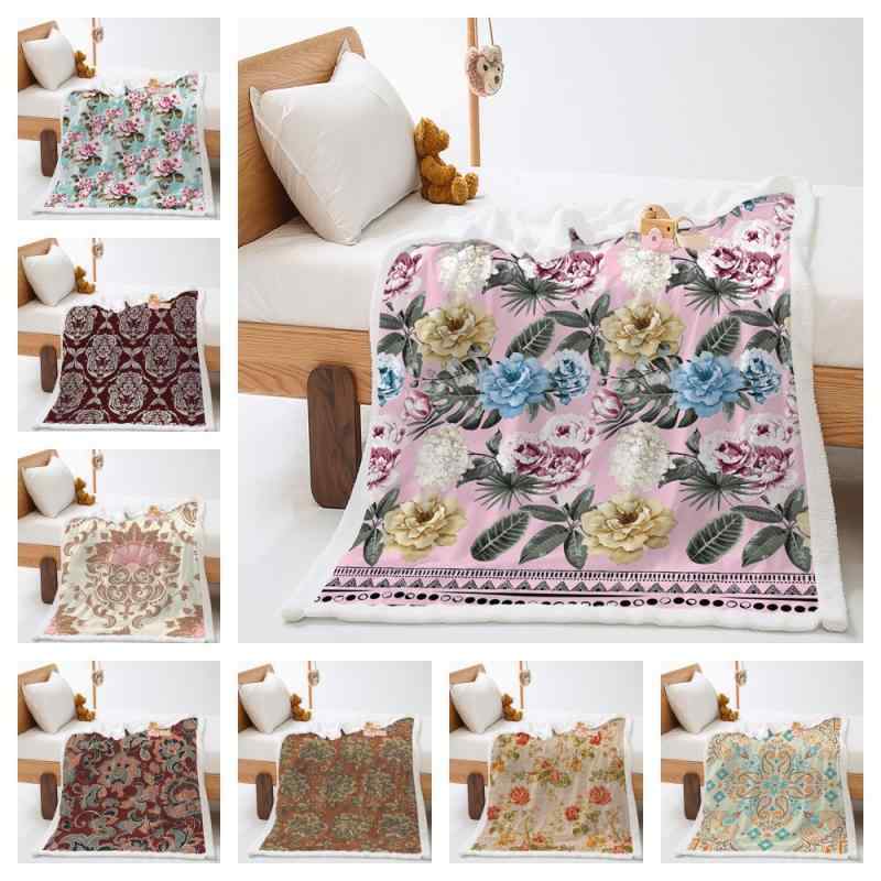 Cotton, Indian Cotton - ブランケット 毛布 デジタルプリント レトロ クラシック 花柄 厚手 ラムフリース ふわふわ なめらか マイクロファイバー 暖かい 肌触り抜群 膝掛け ソファカバー オールシーズン インテリア