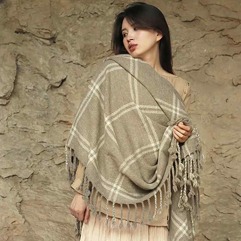 ショール ブランケット ユニセックス 男女兼用 ヤクウール ナチュラルカラー 厚手 大判 ゆったり 保温 防寒 フリンジ チェック柄 ボヘミアン トラベル 旅行 2WAY