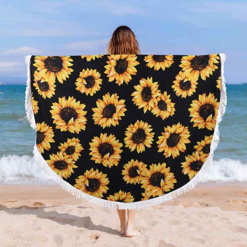樂天商城 - ビーチタオル 円形 ひまわり柄 フリンジ付き マイクロファイバー 大判 超やわらか 吸水速乾 ヨガラグ レジャーシート 海水浴 プール アウトドア サマーブランケット