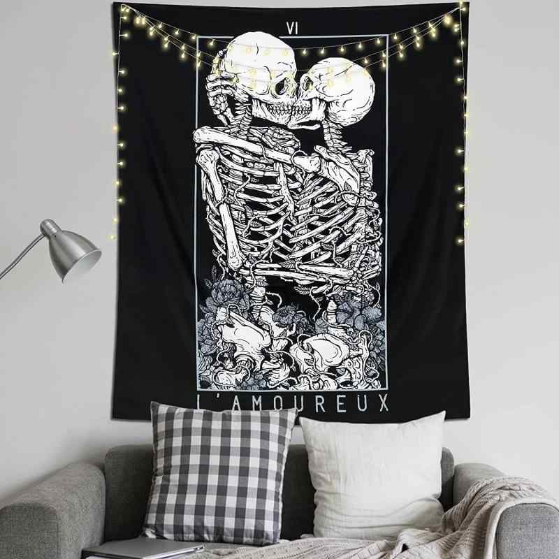 タペストリー スカル ドクロ キス カップル モノクロ タロット 花柄 壁掛け ウォールデコ ビーチブラン..