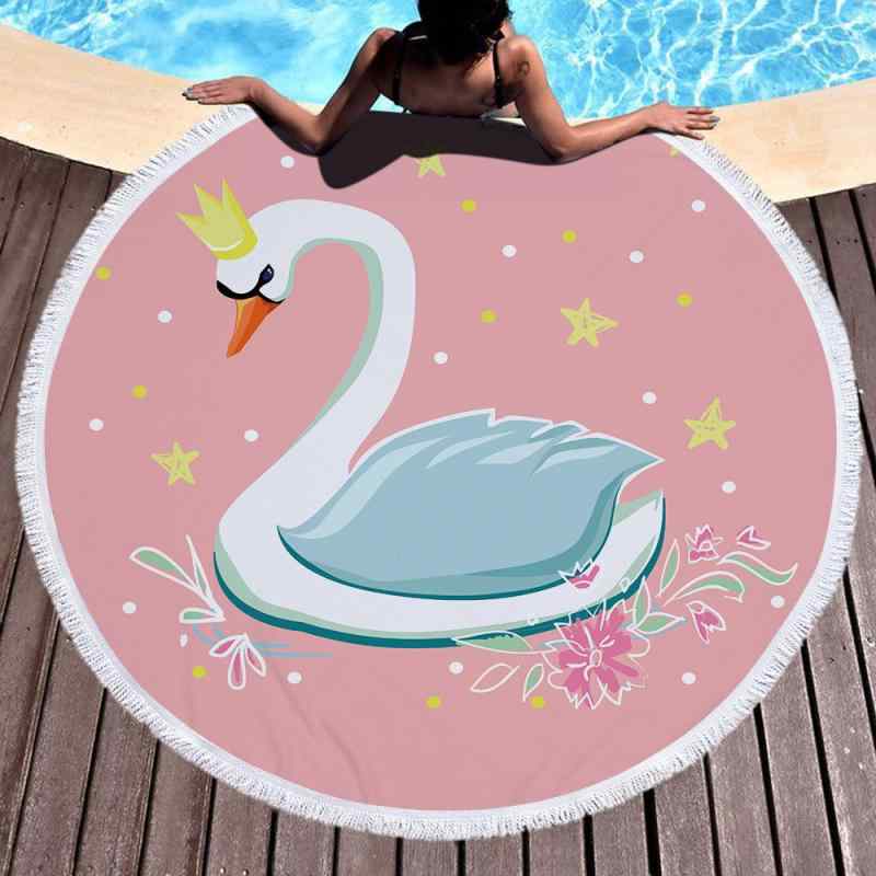 ビーチタオル マイクロファイバー 吸水速乾 軽量 フリンジ タッセル 円形 丸型 スワン柄 白鳥デザイン バスタオル ヨガマット サマーブランケット 海水浴 プール レジャー アウトドア 春夏(x2)
