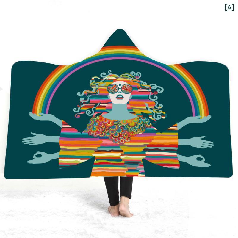 フード付きブランケット ポンチョ ケープ あったか 厚手 ダブルフェイス フリースボア素材 ひざ掛け 秋冬 防寒 欧米風 ヒッピー 総柄デジタルプリント ルームウェア ガウン リビング 車中泊(x2)