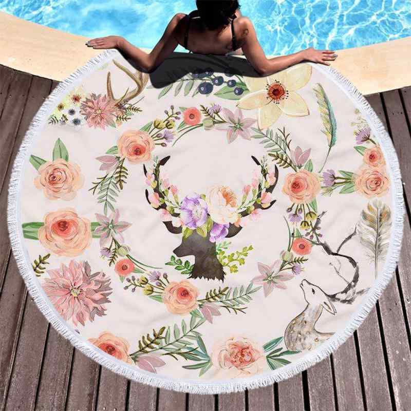 ビーチタオル 丸型 大判 マイクロファイバー 吸水速乾 夏 海水浴 プール 旅行 リゾート ショール パレオ バスタオル おしゃれ プリント柄 鹿角デザイン ビーチブランケット(x2)