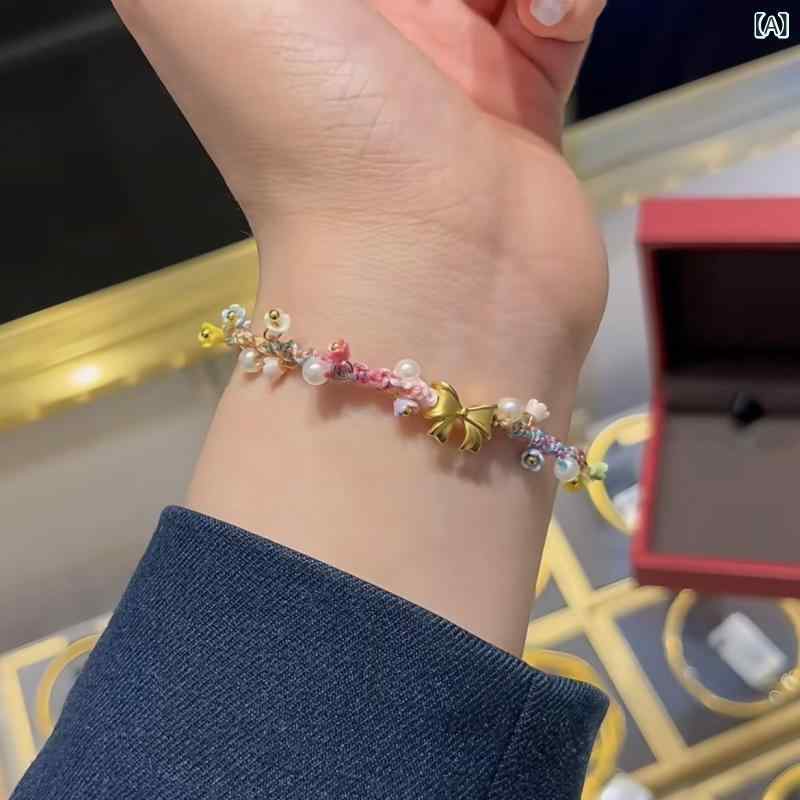 ブレスレット 男女兼用 ハンドメイド 五色紐 カラフル 花 蝶結び 手編み 細め 和風...
