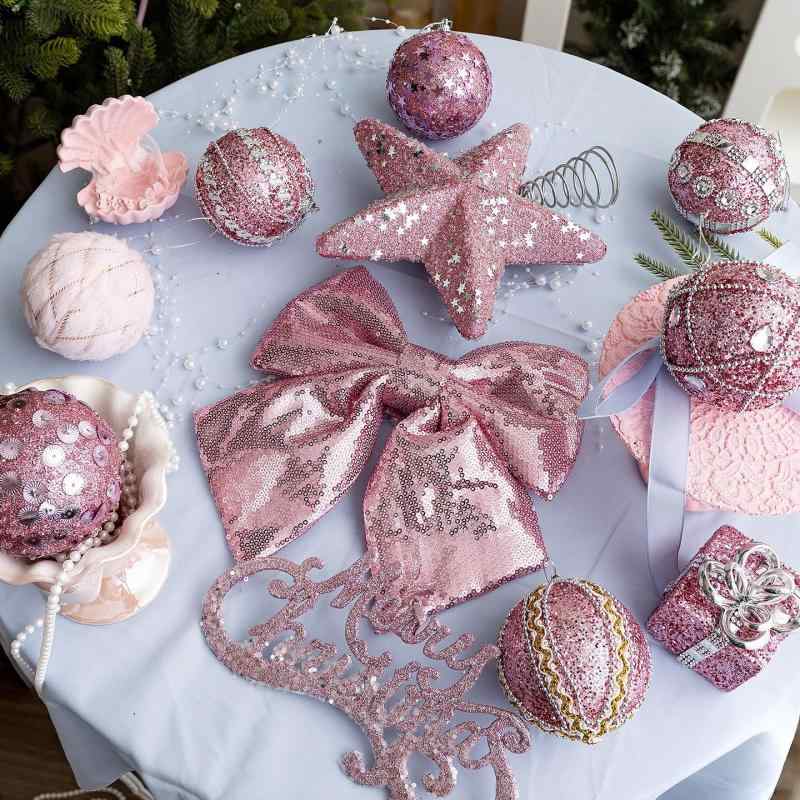 クリスマス デコレーション ピンク 発泡素材 オーナメント 飾り付け 吊り下げ スパンコール リボン 文字プレート 置物 ボール 星 ツリートップ