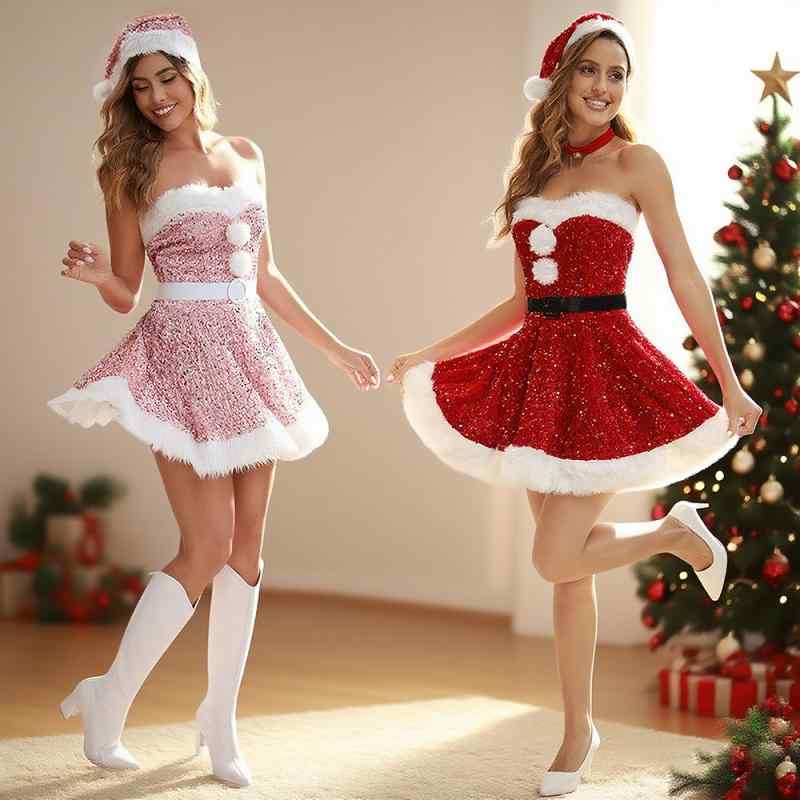 クリスマス コスチューム レディース ピンク スパンコール ふわふわ ドレス ワンピース パーティー イベント 仮装 セクシー 華やか ミニ丈(3)