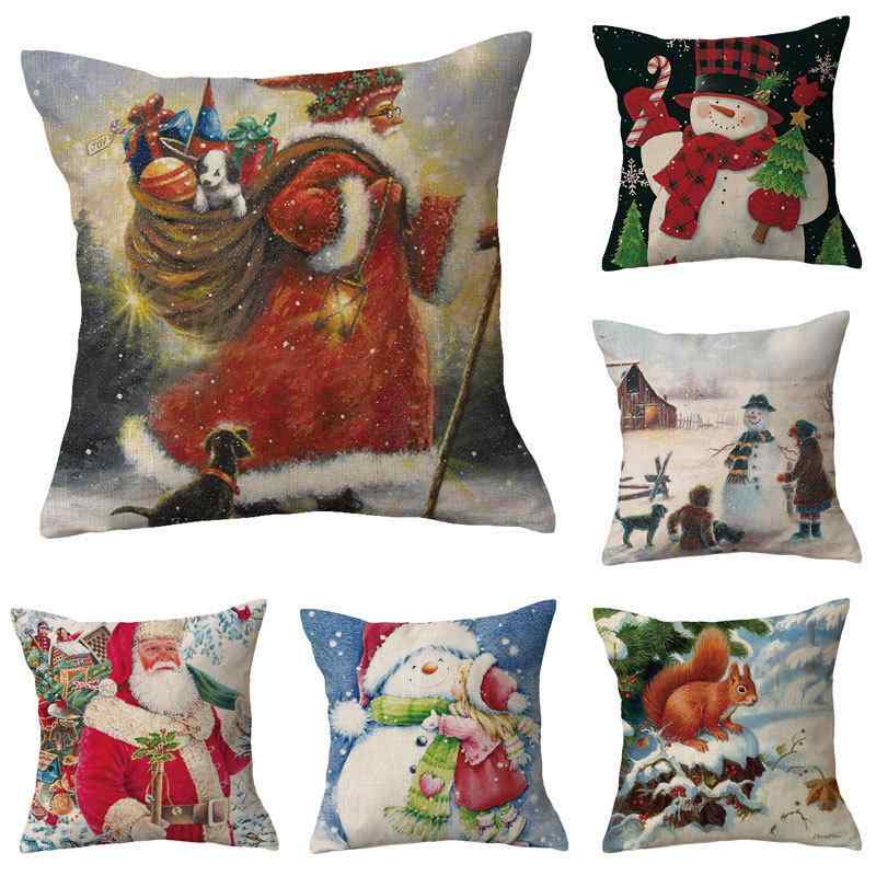 クッションカバー 抱き枕カバー 綿麻 リネン クリスマス柄 雪だるま サンタクロース 雪景色 イラスト 正方形 45×45cm リビング ソファ 部屋 装飾 インテリア 冬(x2)