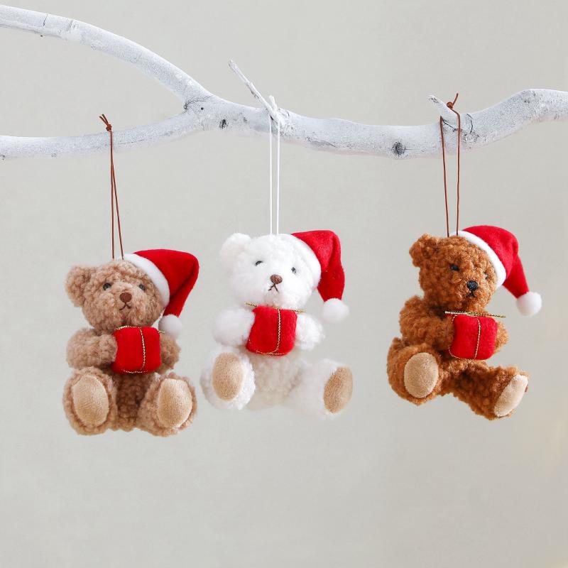 Rakuten - クリスマス オーナメント かわいい クマ ぬいぐるみ 赤いサンタ帽 プレゼント抱っこ ポリエステル 吊り下げ 置物 カートゥーン