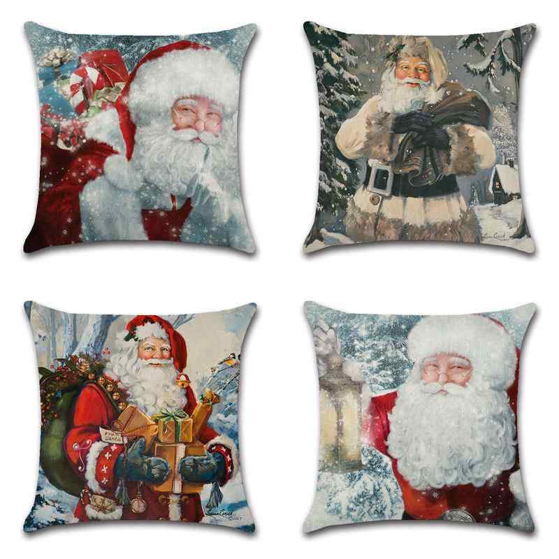 クッションカバー 抱き枕カバー 麻 リネン 天然素材 プリント柄 総柄 クリスマス サンタクロース 雪景..