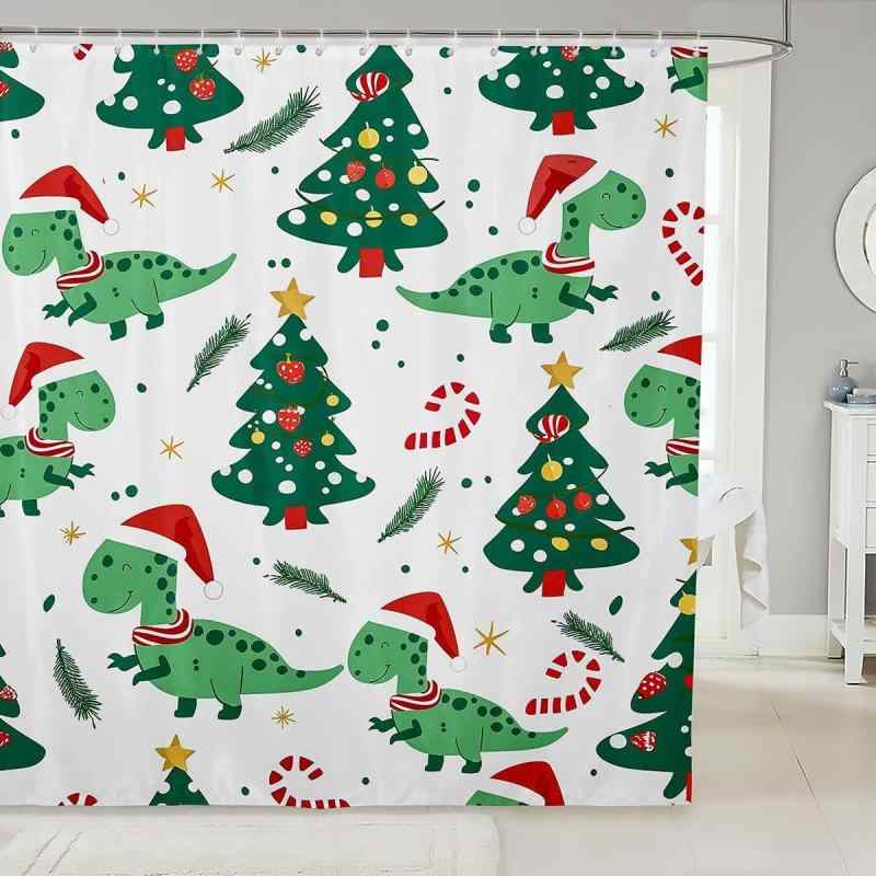 シャワーカーテン 防水 ポリエステル デジタルプリント 恐竜 クリスマスツリー柄 浴室 お風呂 間仕切り 目隠しカーテン