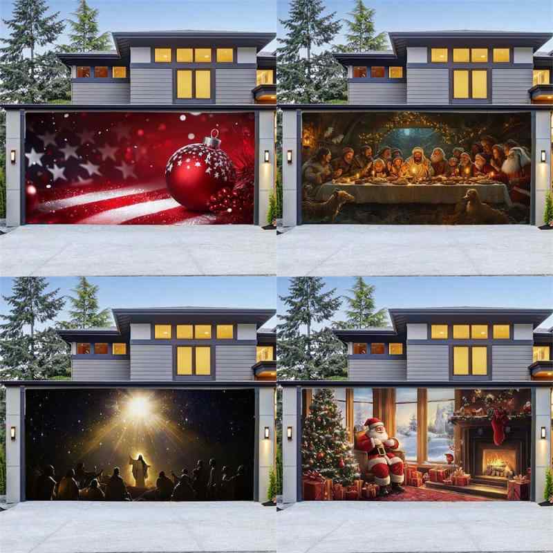 Tapestries - タペストリー クリスマス ホリデー ガレージドア 背景布 ウォールデコレーション パーティー イベント装飾 クリスマスツリー飾り 壁掛け ポリエステル 冬