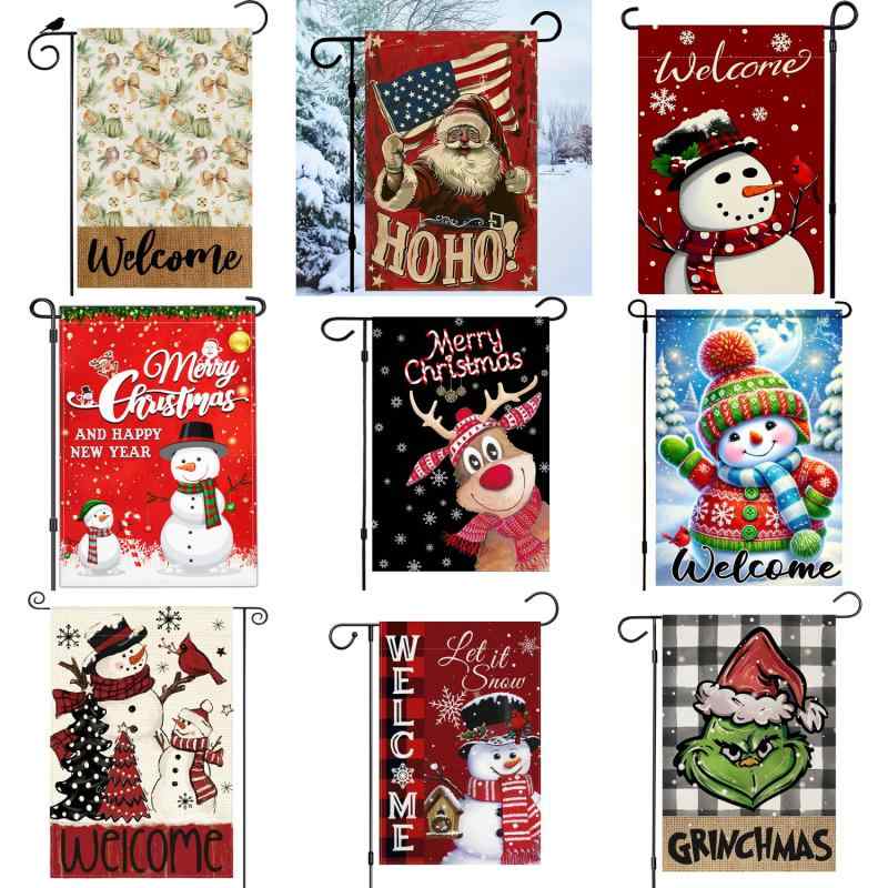ガーデンフラッグ 庭園旗 クリスマス 冬 雪だるま スノーマン 麻 リネン 屋外 玄関 デコレーション 飾..