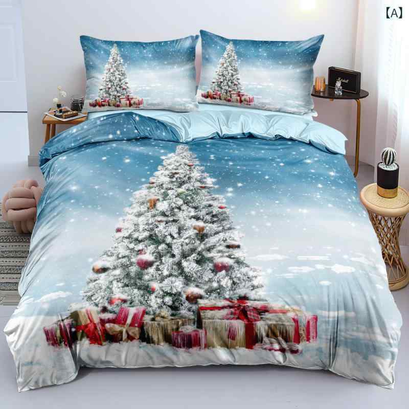 布団カバー セット クリスマス 冬 雪景色 デジタルプリント ポリエステル ピーチスキン加工 3点セット アメリカンデザイン 多彩な柄 寝具カバー かわいい 快適 暖か ベッドルーム インテリア 2