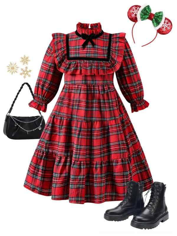 キッズ 女の子 ワンピース クリスマスレッド ロリータ風 チェック柄 長袖 Aライン ハイネック リボン レース 秋冬 上品 ガーリー ポリエステル 裏地綿 フォーマル ドレス