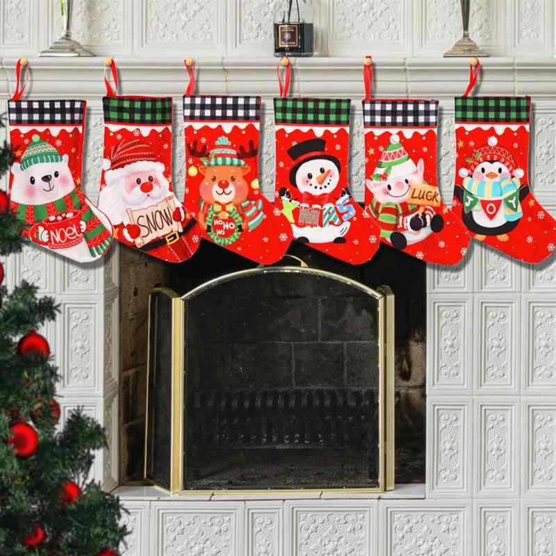 クリスマス飾り クリスマスソックス 靴下 ギフトバッグ プレゼント袋 チェック柄 サンタ スノーマン エルフ クマ ペンギン トナカイ ツリーオーナメント キャンディバッグ