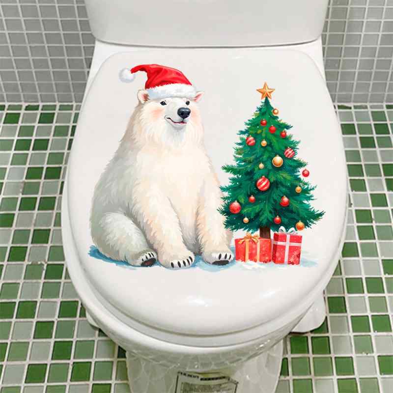 トイレステッカー クリスマス かわいい ホッキョクグマ ギフトボックス柄 便器 蓋用 自己粘着 簡単 貼..