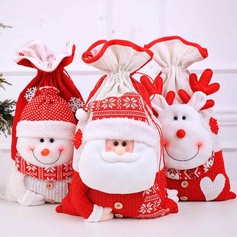 ギフトバッグ クリスマス キャラクター サンタ スノーマン トナカイ ニット 巾着袋 大容量 かわいい 布製 プレゼント お菓子 イベント パーティー 幼稚園 保育園 子供用 ギフトラッピング