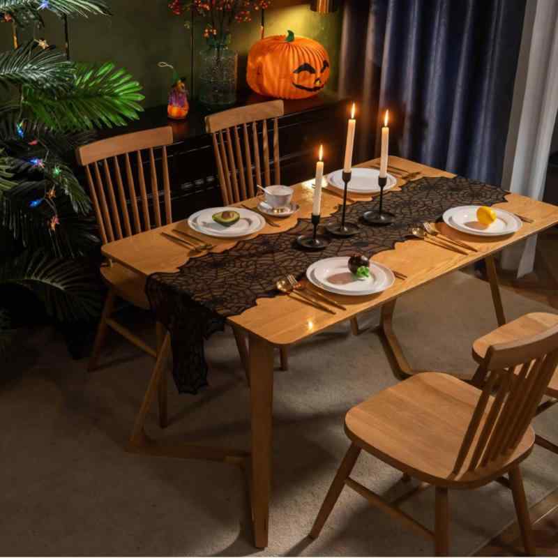 テーブルランナー ハロウィン クリスマス パーティー用 装飾 飾り付け クモの巣柄 黒 経編みレース ポリエステル 北欧風 インテリア デコレーション