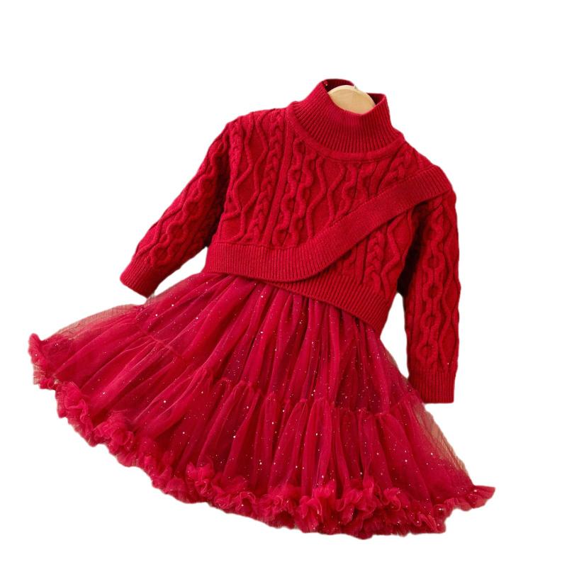 ニットワンピース 女の子 キッズ プリンセスライン ふわふわ チュールスカート 2点セット 秋冬 クリスマス お正月 お出かけ イベント カジュアル アクリル混紡 ラウンドネック 長袖 暖かい 配色切り替え かわいい