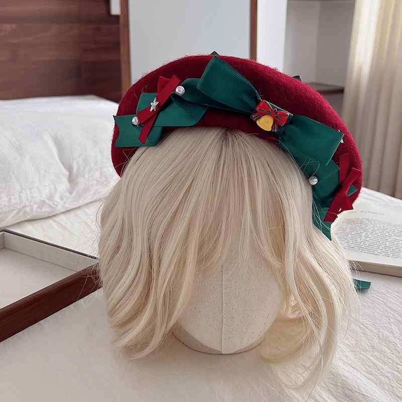ベレー帽 秋冬 クリスマス レッド 赤 リボン ウール 羊毛 JKスタイル かわいい ガ...
