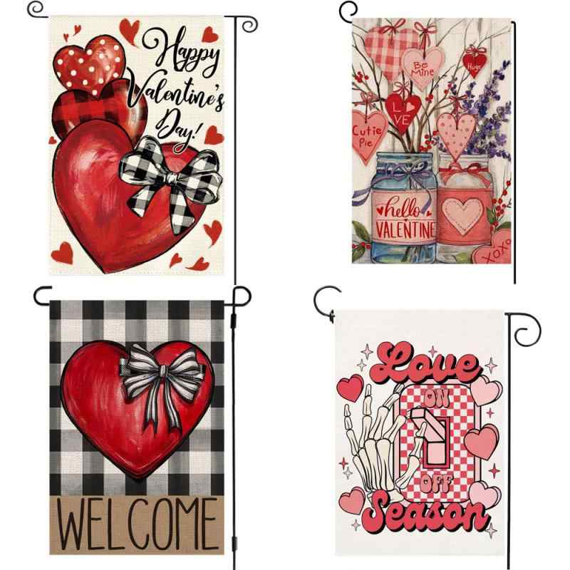 ガーデンフラッグ バレンタインデー クリスマス 冬 庭園 玄関 エントランス 屋外装飾 麻製 ウェルカム..