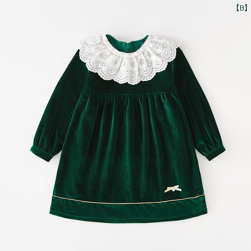 ワンピース キッズ ドレス 女の子 長袖 レース襟 リボン Aライン フォーマル 発表会 クリスマス お正月 セレモニー コーデュロイ 綿 中国レッド クリスマスグリーン ローズゴールド