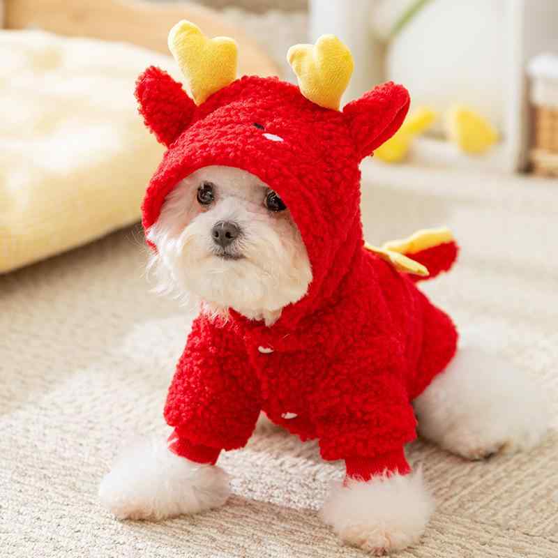 ペットウェア 犬 ドッグ 小型犬 フード付き パーカー レッド かわいい 獅子舞 切り替え 厚手 防寒 暖かい リード穴 ハーネス対応 新年 お正月 クリスマス 秋冬