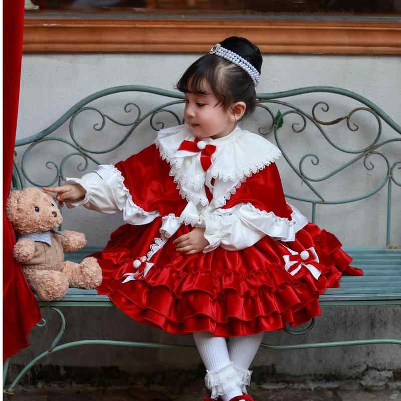 ドレス 女の子 秋冬 ロリータ プリンセス ワンピース ふんわり ボリューム 長袖 切り替え 赤 レッド クリスマス 新年 お正月 発表会 フォーマル セレモニー ポリエステル素材