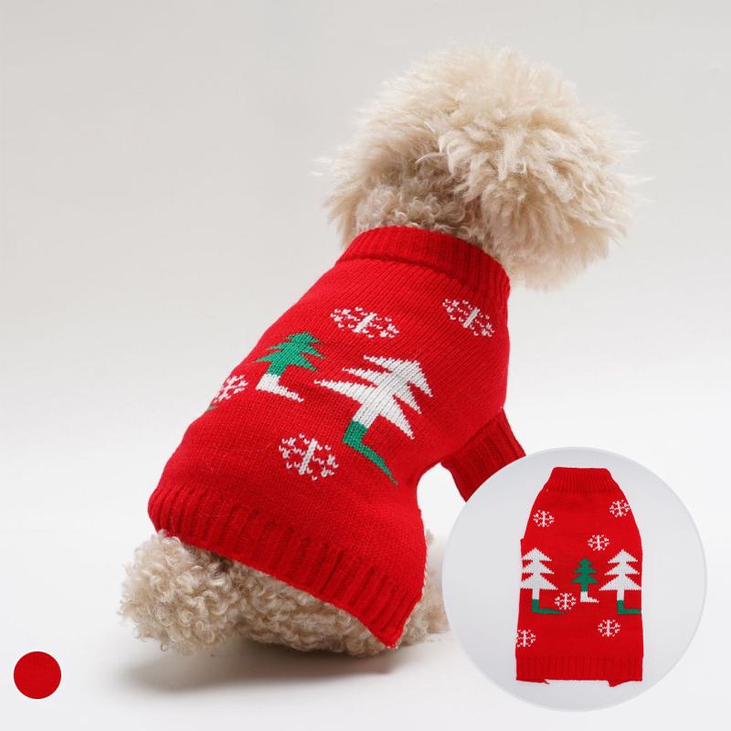 ペットウェア 猫 犬 小型犬 プードル テディ クリスマスツリー柄 レッド アクリル ニット セーター 秋冬 防寒 ブリティッシュスタイル 普段使い お散歩 かわいい おしゃれ 保温 暖かい
