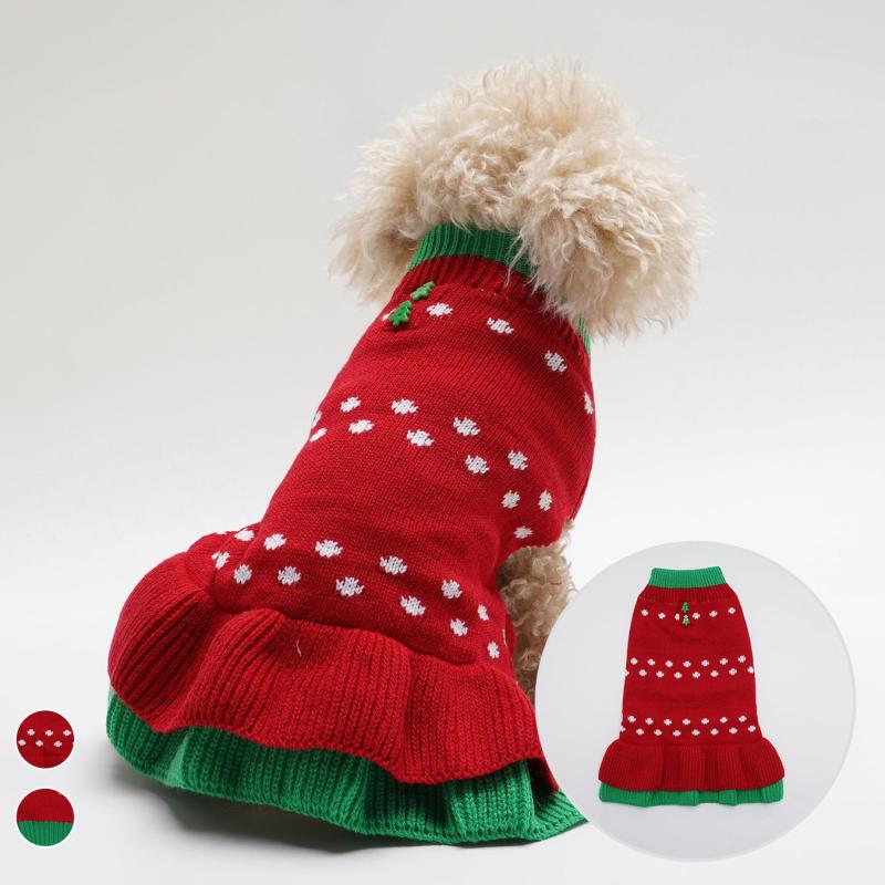 ペット服 犬猫兼用 クリスマス ニットワンピース アクリル 伸縮性 ホワイトドット柄 ポンポン付き ダブルフリル セータードレス 秋冬 ブリティッシュ