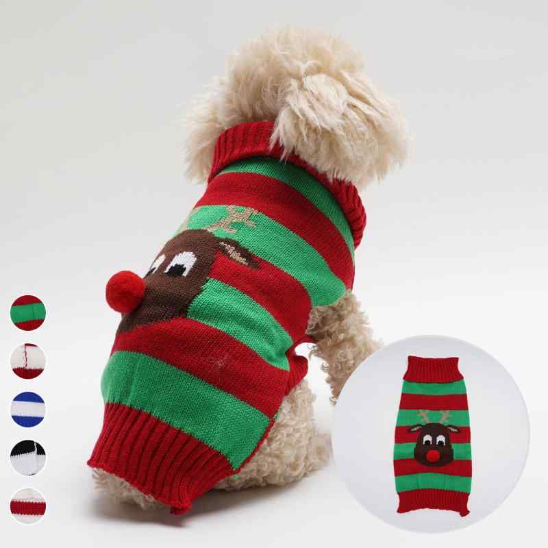ペット服 犬猫用 ニットセーター クリスマス トナカイ ボーダー柄 秋冬 暖かい 防寒 アクリル素材 伸縮性 英国風 カジュアル 散歩 お出かけ 小型犬 中型犬 多色展開