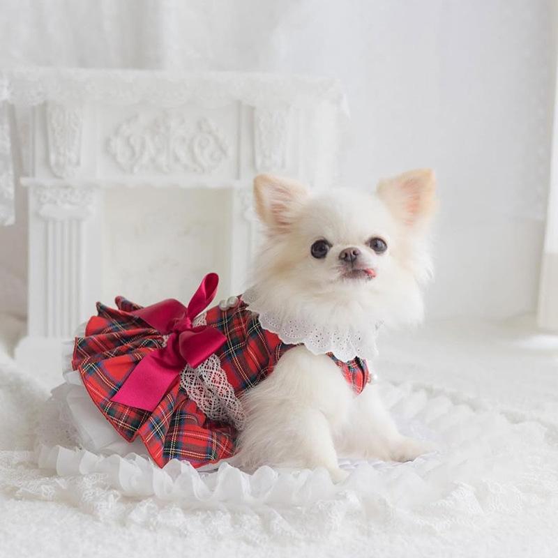 ペットウェア 犬 猫 女の子 チェック柄スカート クリスマス お正月 バレンタインデー 誕生日 イベント お出かけ おしゃれ かわいい 英国風 綿混 レッド