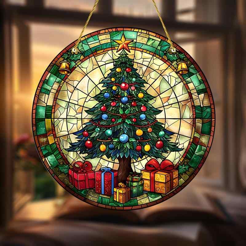 オーナメント 吊り下げ飾り クリスマスツリー サンキャッチャー ステンドグラス風 アクリル製 プリント加工 車用 円形 王冠 十字架 ローマ数字 ゴールド紐 20cm レトロ 冬(x2)